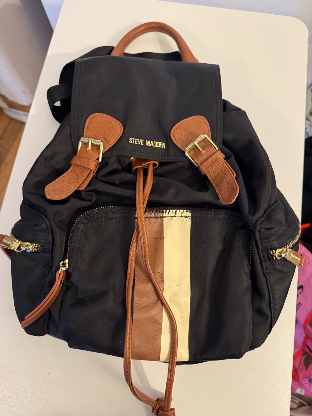 Steve Madden Black Nylon Backpack with Brown Trim and Cream Stripe Accent